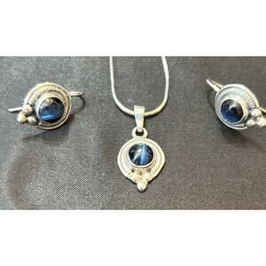 Handmade Sterling Silver Blue Cat’s Eye NecklaceEarrings Set Made in Italy Chain